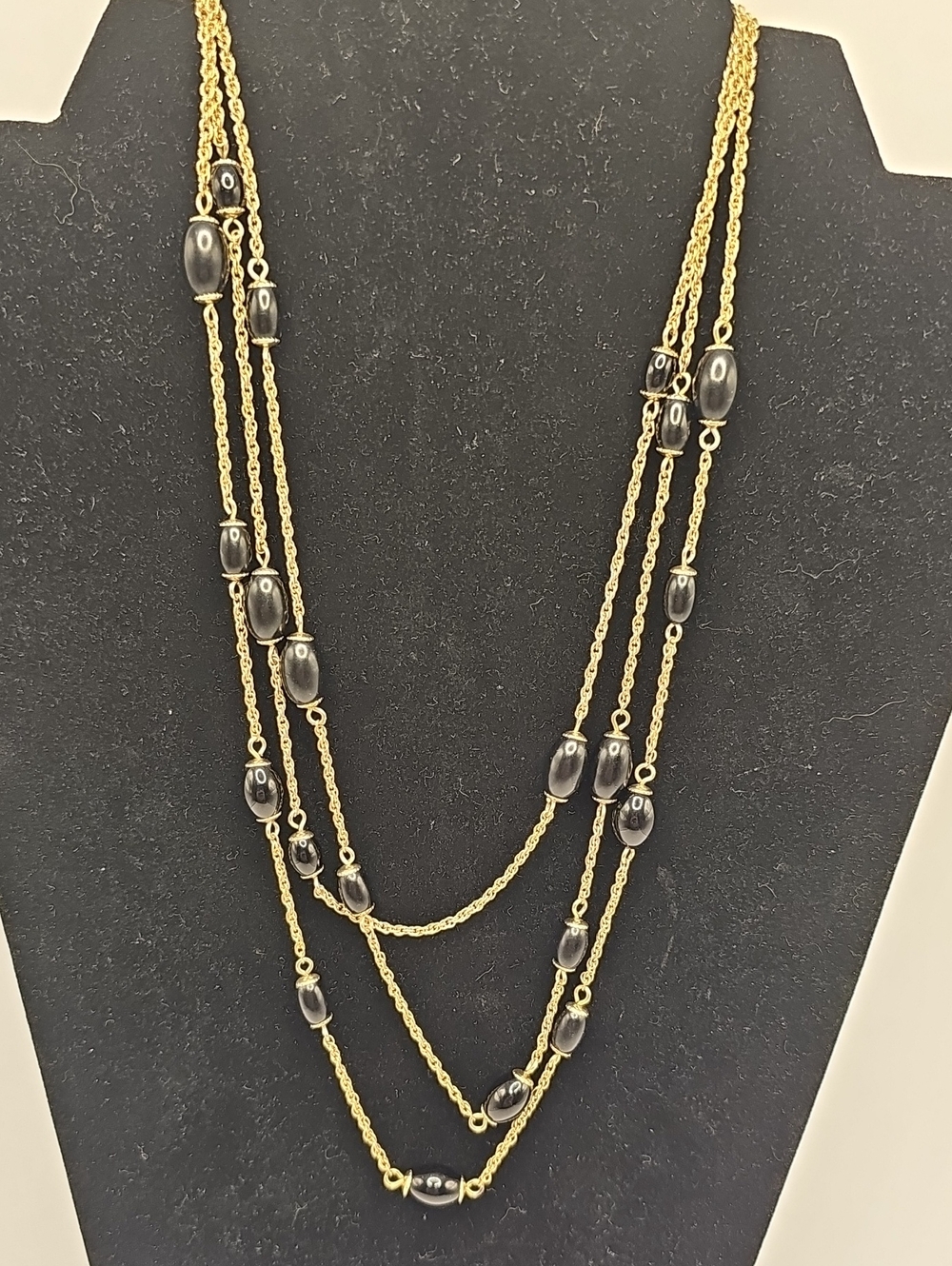 Monet Vintage 1980'S Elegant Black Bead Multi-Strand Gold Necklace
